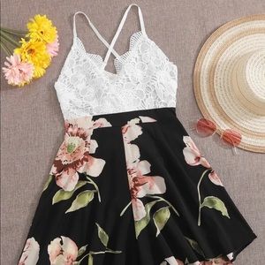 Floral Lace Panel Tie Back Cami Romper